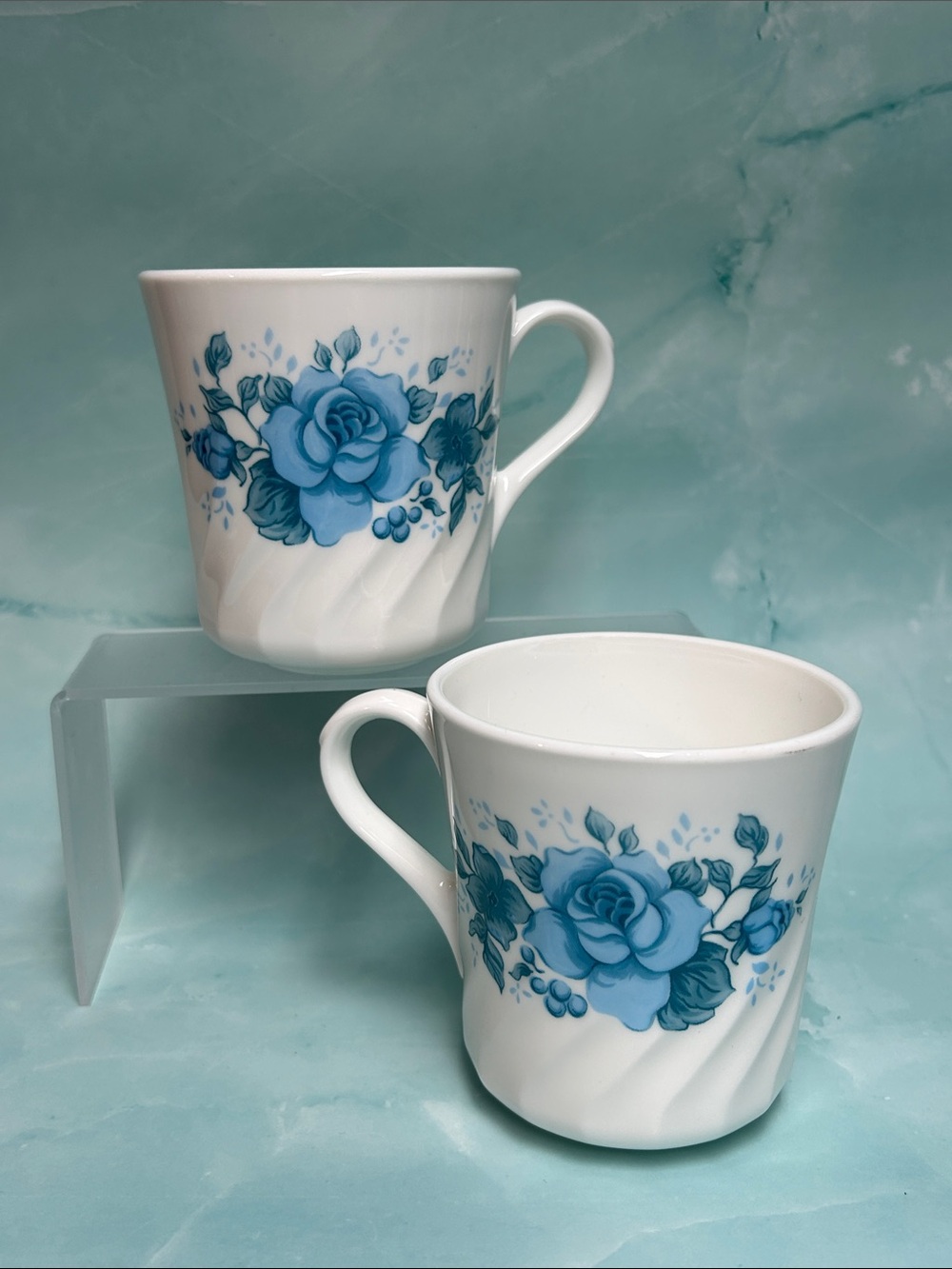 Vintage Rare Corning Ware Corelle coffee Cup Mug Blue Velvet Floral Pattern set2